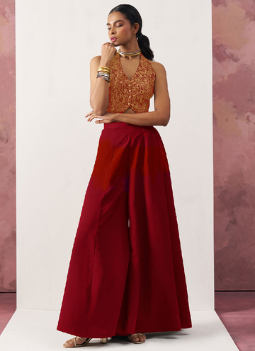 Beautiful Red Jacquard party wear croptop and crepe palazzo set